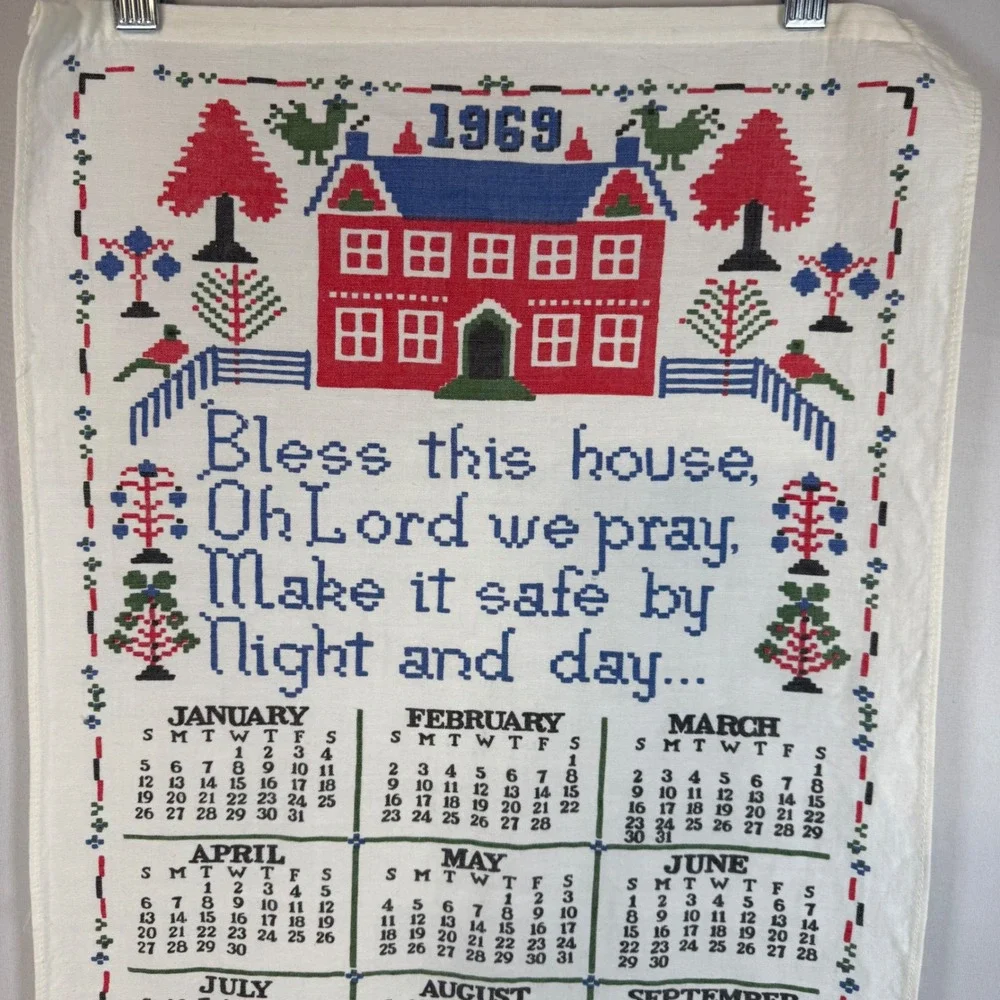 1969 Calendar Tea‎ Towel Bless This House Folk Art Red House